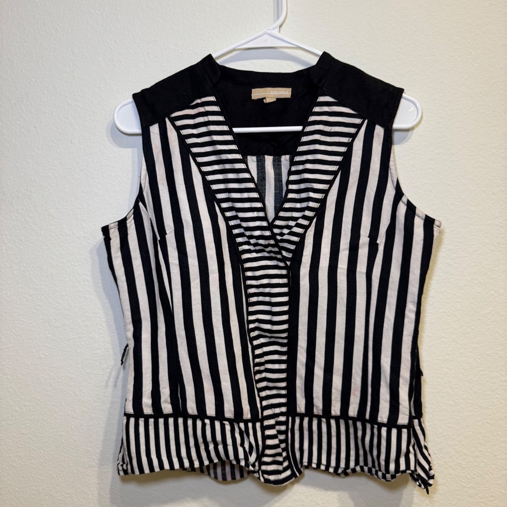 appraisal Black White Stripe V Neck Sleeveless Blouse Top‎ Women's M